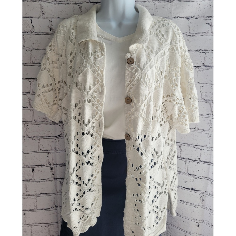 FP Beach Free People Ivory Pointelle Knit Button Down Short Sleeve Cardigan L